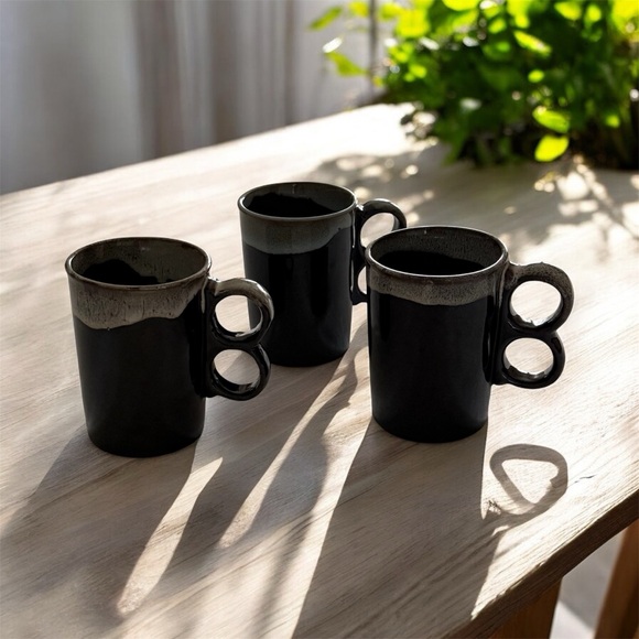 Other - Set of 3 Vintage MCM Brown Drip Design Two Finger Hole Handle Pottery Mugs Japan